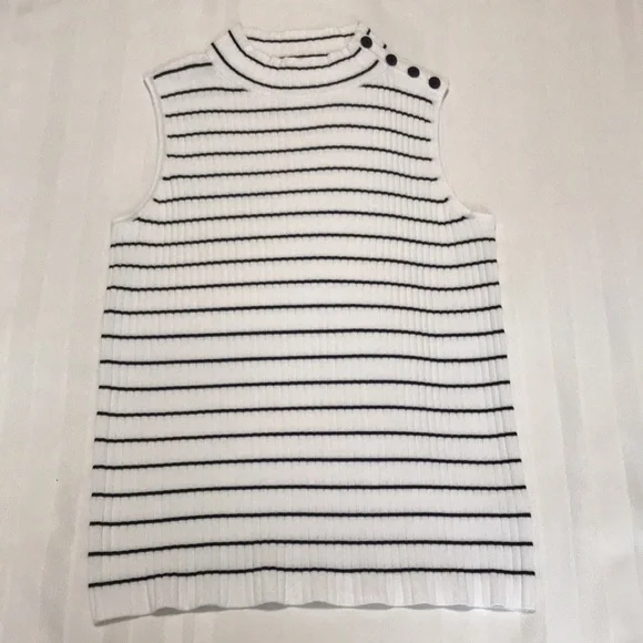 Talbots White Black Stripe Sleeveless Ribbed Mock Neck Sweater SP - Picture 11 of 14